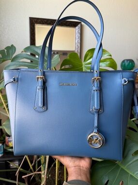 Michael Kors Medium Voyager Slate Blue Saffiano Leather Bag